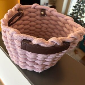 Pink Woven Basket with Brown Handles